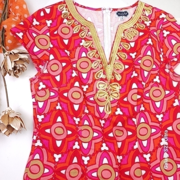 Mudpie Red Gold Embroidered Dress Sz M - Picture 12 of 16